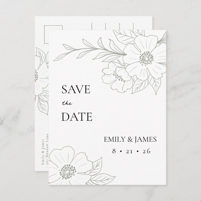 Wild Rose In Sage Simple Save The Date  Postcard (Front/Back)
