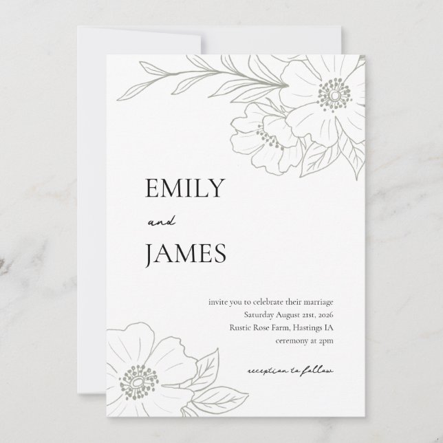 Wild Rose Simple Wedding Invitation in Sage (Front)