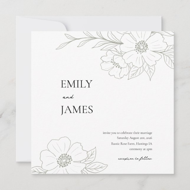 Wild Rose Simple Wedding Invitation in Sage (Front)
