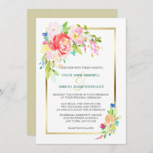 Wild Rose Spring Bouquet Gold Frame Wedding Invitation