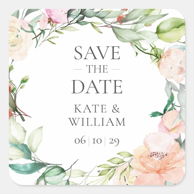 Wild Rose Watercolour Garland Save the Date Favour Square Sticker (Front)