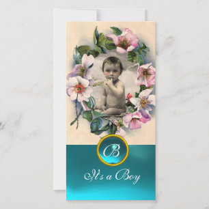 WILD ROSES AND AQUA BLUE GEM MONOGRAM ANNOUNCEMENT