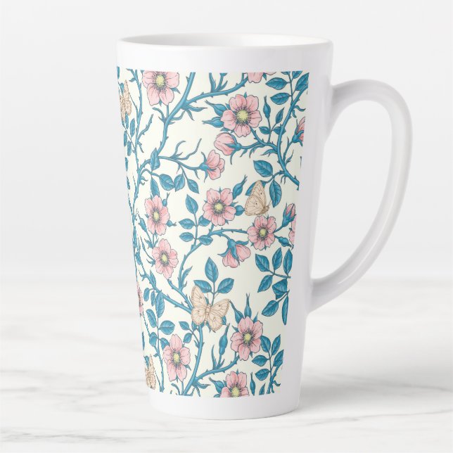 Wild roses and butterflies /pink/blue/off white latte mug (Right)
