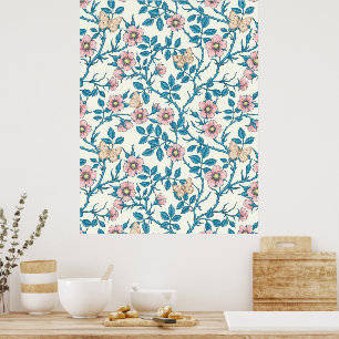 Wild roses and butterflies /pink/blue/off white poster