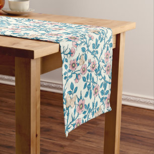 Wild roses and butterflies /pink/blue/off white short table runner