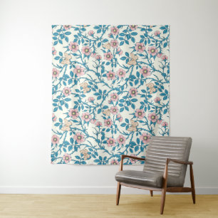 Wild roses and butterflies /pink/blue/off white tapestry