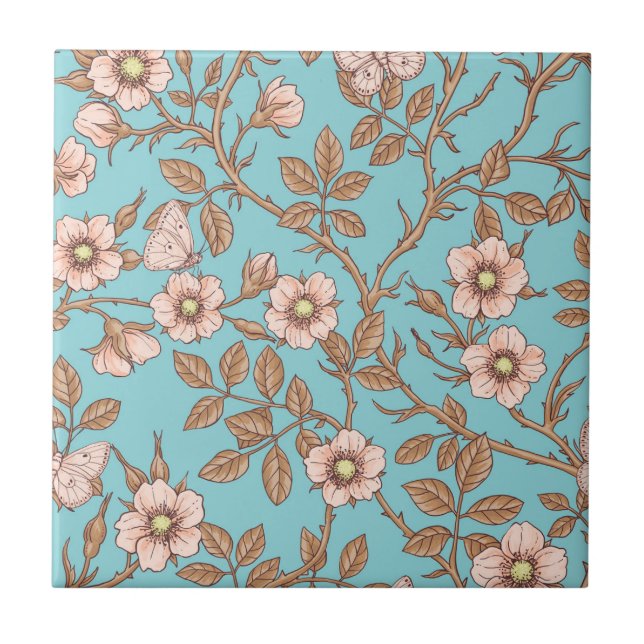 Wild roses and butterflies /pink/brown/pool tile (Front)
