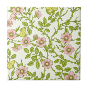 Wild roses and butterflies /pink/pale green/yellow tile