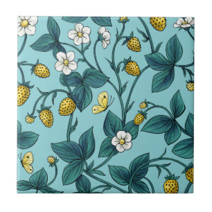 Wild roses and butterflies /pink/pale green/yellow tile