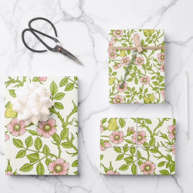 Wild roses and butterflies /pink/pale green/yellow wrapping paper sheet (Front)