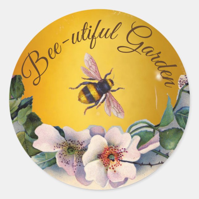 WILD ROSES AND HONEY BEE FLORAL BEEKEEPING CLASSIC ROUND STICKER (Front)
