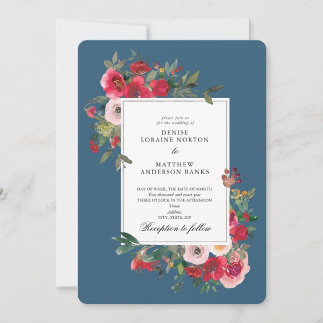 Wild Roses and Midnight Teal Invitation (Front)