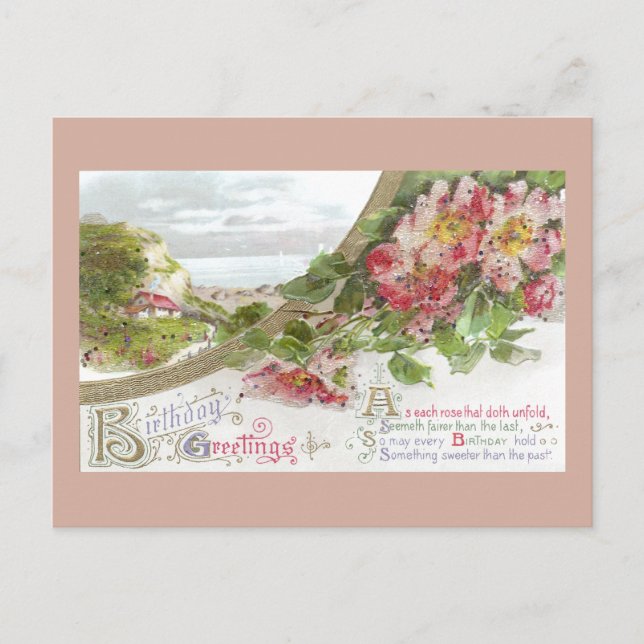 Wild Roses and Vignette Vintage Birthday Postcard (Front)