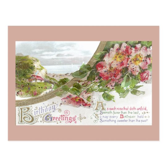 Wild Roses and Vignette Vintage Birthday Postcard