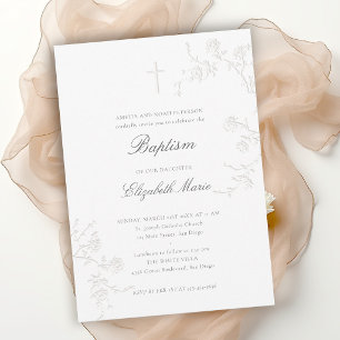 Wild Roses Delicate Garden Classic White Baptism Invitation