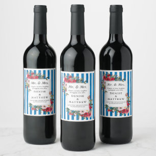 Wild Roses & French Blue Stripe Wine Label