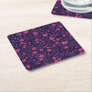 Wild roses in pink and purple square paper coaster