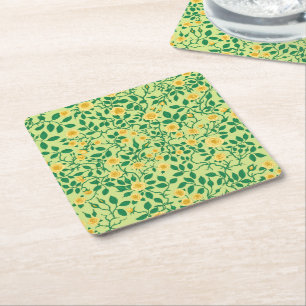 Wild roses in yellow and green square paper coaster