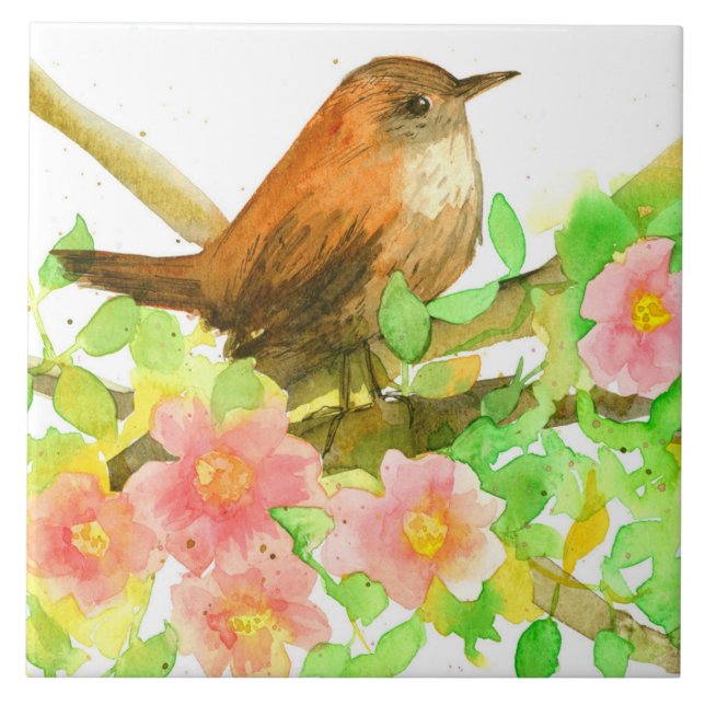 Wild Roses Pink Flowers Botanical Wren Bird Tile (Front)