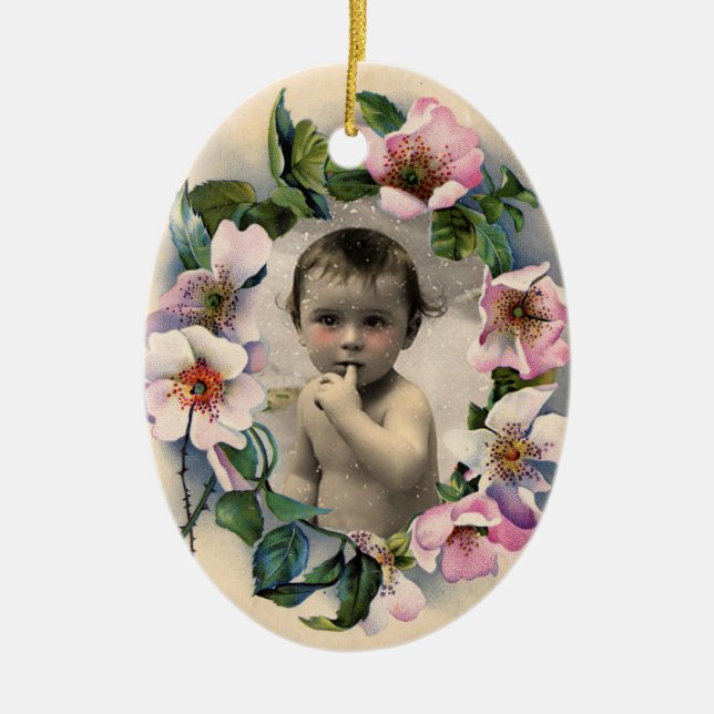 WILD ROSES,PINK GEM BABY SHOWER PHOTO TEMPLATE CERAMIC ORNAMENT (Front)