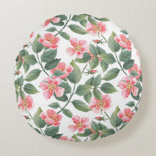 Wild Roses Watercolor Floral Seamless Round Pillow