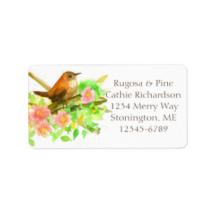 Wild Roses Watercolor Flowers Wren Bird Label
