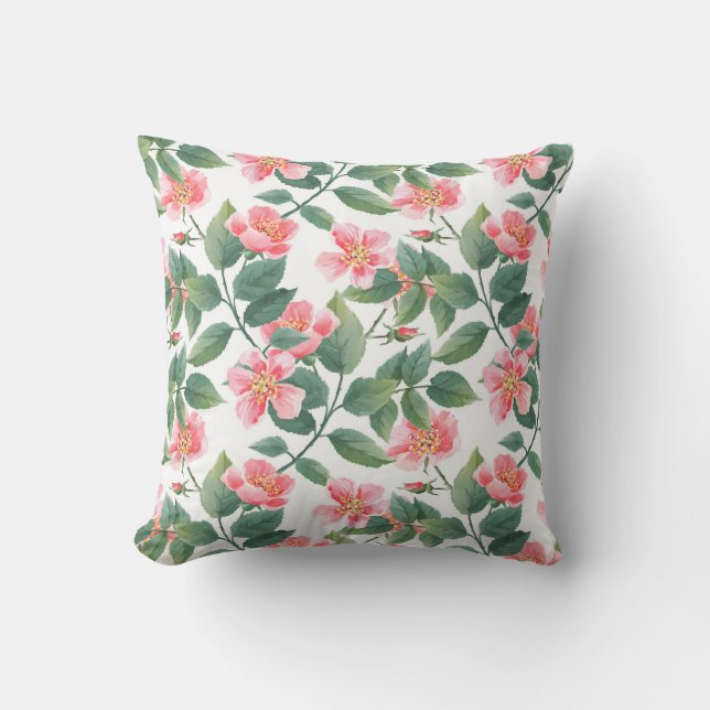 Wild roses watercolor seamless pattern. Flowers, l Throw Pillow (Front)