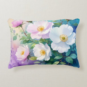 Wild Roses White Pink Blue Teal Purple Watercolors Accent Pillow