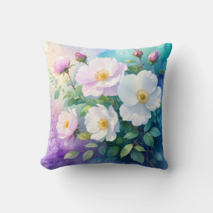 Wild Roses White Pink Blue Teal Purple Watercolors Throw Pillow