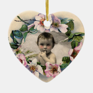 WILD ROSES WITH GEM STONE MONOGRAM PHOTO TEMPLATE CERAMIC ORNAMENT