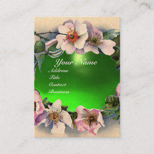 WILD ROSES WITH GREEN GEM STONE MONOGRAM BUSINESS CARD