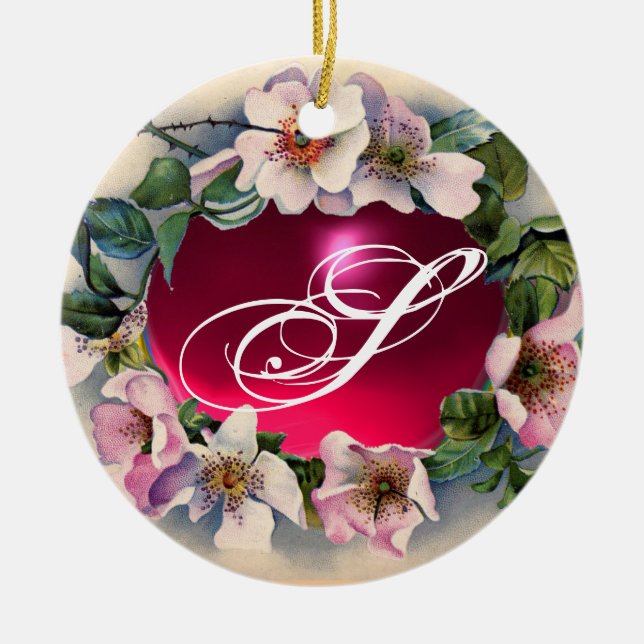 WILD ROSES WITH PINK FUCHSIA GEM STONE MONOGRAM CERAMIC ORNAMENT (Front)