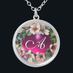 WILD ROSES WITH PINK FUCHSIA GEM STONE SILVER PLATED NECKLACE<br><div class="desc">Elegant, classy, classic floral design. Beautiful pink dog roses with a bright fuchsia amethyst gem stone .3D graphics and digital elaboration in vintage style by Bulgan Lumini (c) Easy to customize with your initials and own text as a wedding ceremony announcement, place cards, save-the-date .favours , thank you cards .bridal...</div>