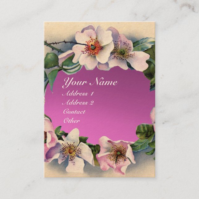 WILD ROSES WITH PINK PURPLE GEM STONE MONOGRAM BUSINESS CARD (Front)