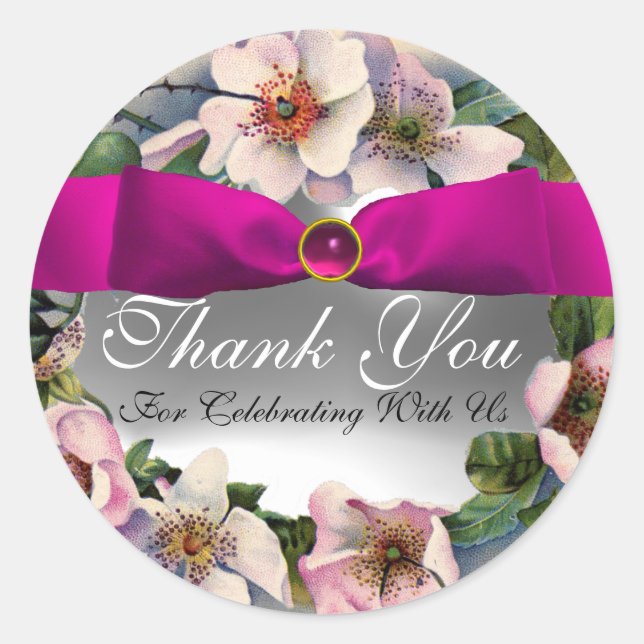 WILD ROSES WITH PINK RIBBON ,Thank you Classic Round Sticker (Front)