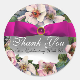 WILD ROSES WITH PINK RIBBON ,Thank you Classic Round Sticker