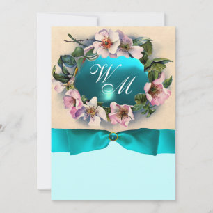 WILD ROSES WITH TEAL BLUE RIBBON ,MONOGRAM INVITATION