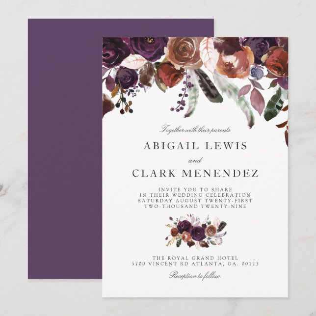 Wild Royal Bloom | Purple Themed Wedding Invite (Front/Back)