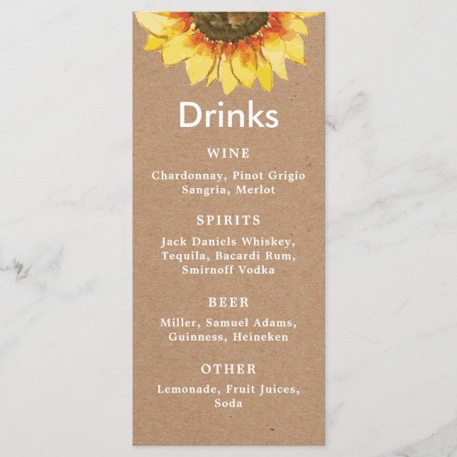 Wild Rustic sunflower. Simple wedding Bar Menu (Front)