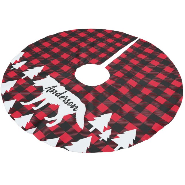 Wild Rustic Wolf Buffalo Check Plaid Family Name Brushed Polyester Tree Skirt (Angled)