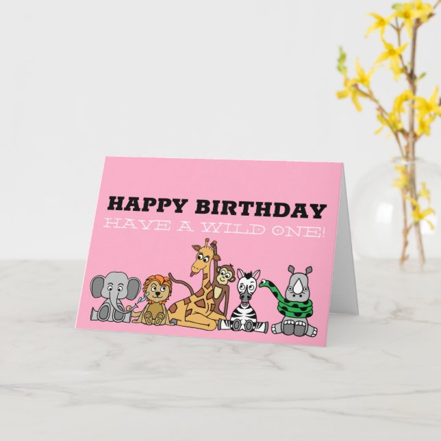 Wild Safari Animals, Children's Birthday Card (Yellow Flower)