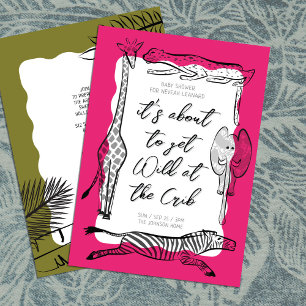 Wild Safari Animals Frame Dark Pink Baby Shower Invitation