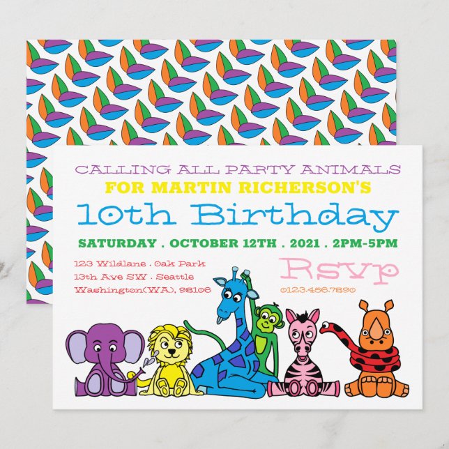 Wild Safari Animals, Kid's Birthday Party Invitation (Front/Back)