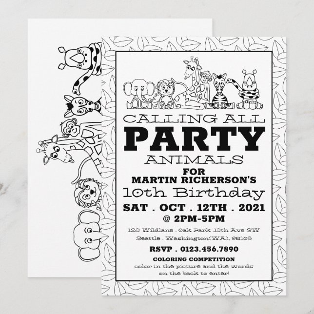 Wild Safari Animals, Kid's Colouring Birthday Part Invitation (Front/Back)
