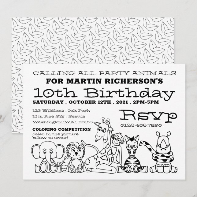 Wild Safari Animals, Kid's Colouring Birthday Part Invitation (Front/Back)