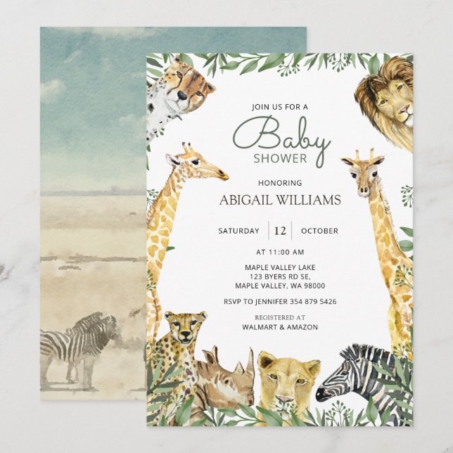 Wild Safari Animaux Baby shower Invitation (Devant / Derrière)