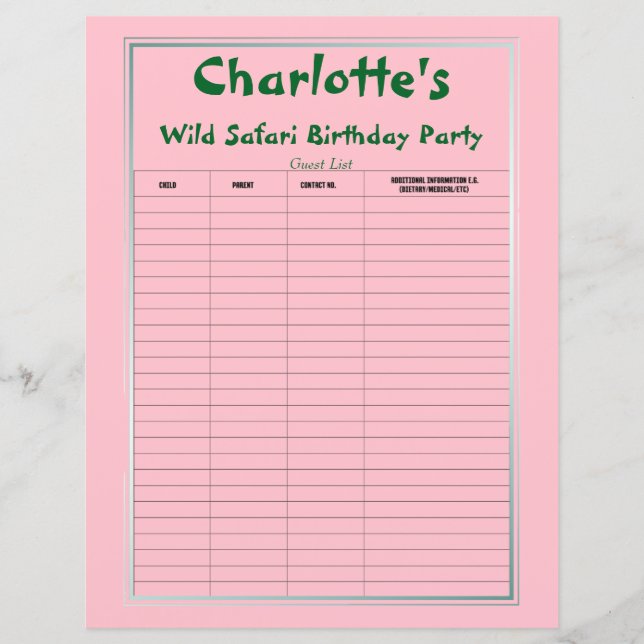 Wild Safari Birthday Party Guest List (Front)