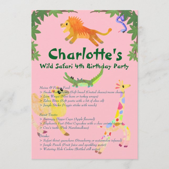 Wild Safari Birthday Party Menu (Front)