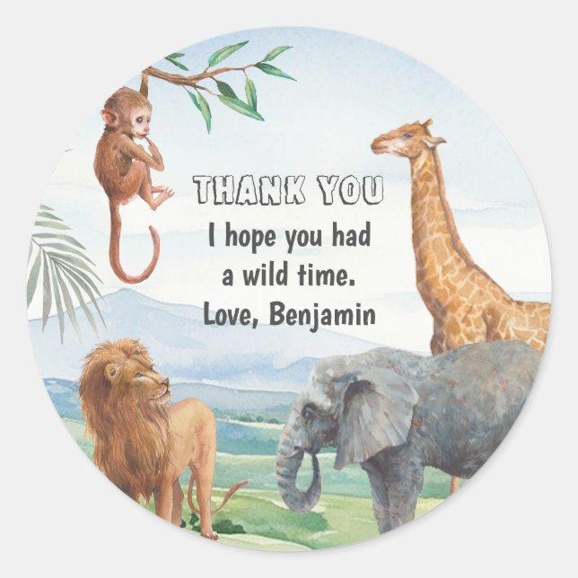 Wild Safari Jungle Party Animals Thank You Classic Round Sticker (Front)