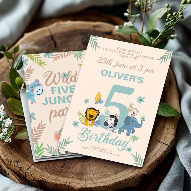 Wild Safari Pastel Fifth Birthday Invitation (Creator Uploaded)